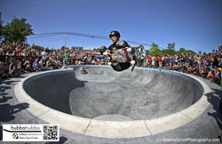 Tony hawk, Andy Macdonald, and other professional skateboarders at the ann arbor skatepark grand opening in ann arbor, michigan